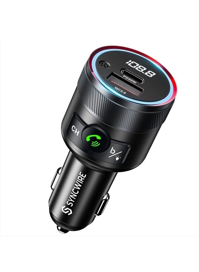 Syncwire جهاز إرسال FM بلوتوث 5.1 للسيارة، شاحن سيارة سريع 38 واط PD & QC3.0، محول راديو FM بلوتوث لاسلكي، مشغل موسيقى بصوت جهير، مجموعة سيارة FM مع دعم المكالمات بدون استخدام اليدين وذاكرة USB - Image 1