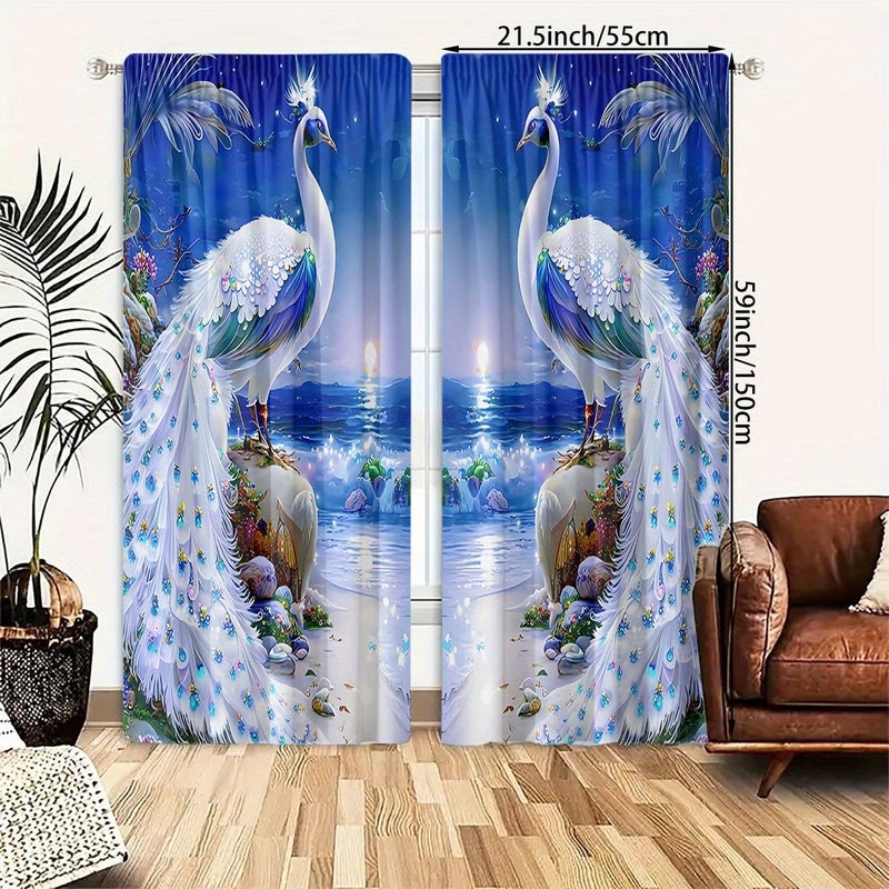 2pcs Peacock Print Curtains W30inch H65inch Blue White Seaside Scene Light Filtering Polyester Drapes Rod Pocket Design For Bedroom Living Room Office Decor - Image 3