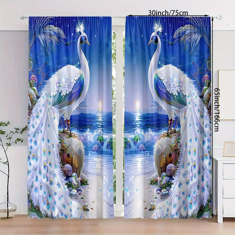 2pcs Peacock Print Curtains W30inch H65inch Blue White Seaside Scene Light Filtering Polyester Drapes Rod Pocket Design For Bedroom Living Room Office Decor - Image 5
