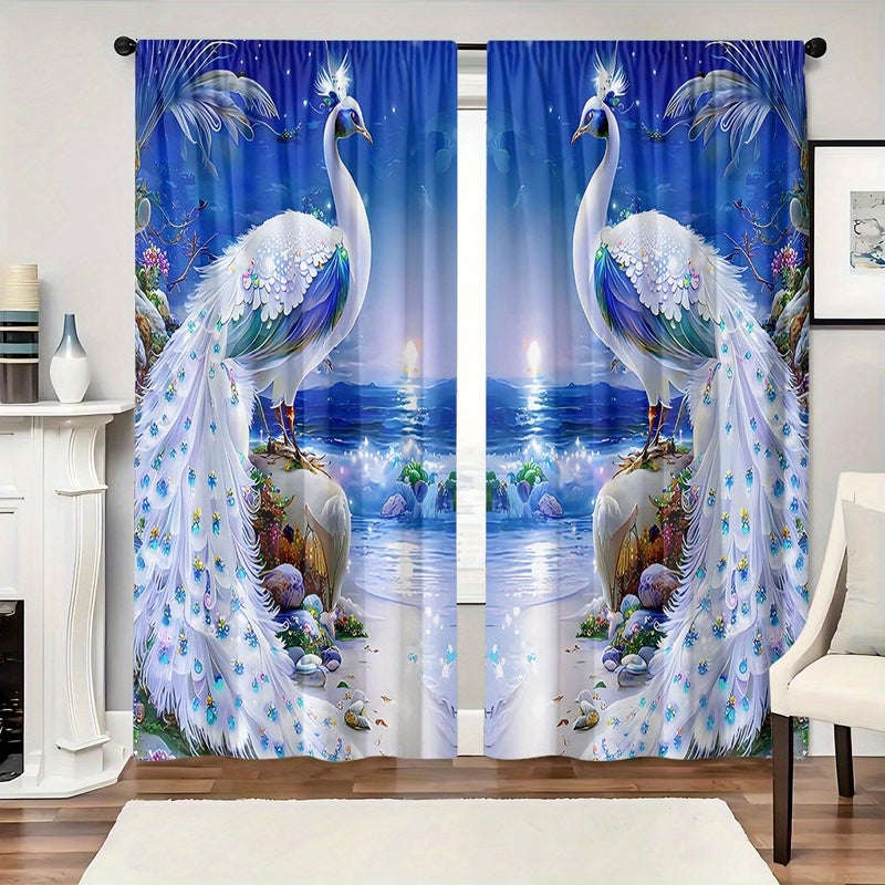 2pcs Peacock Print Curtains W30inch H65inch Blue White Seaside Scene Light Filtering Polyester Drapes Rod Pocket Design For Bedroom Living Room Office Decor - Image 2