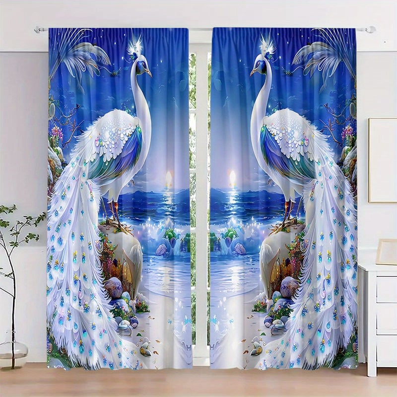 2pcs Peacock Print Curtains W30inch H65inch Blue White Seaside Scene Light Filtering Polyester Drapes Rod Pocket Design For Bedroom Living Room Office Decor - Image 1