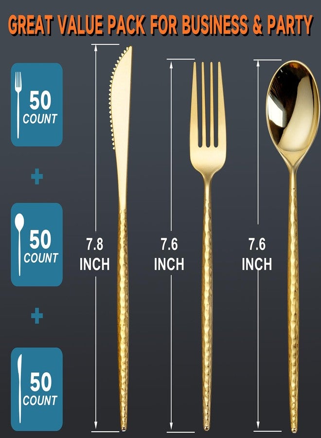 SUT 300PCS Gold Plastic Silverware, Gold Plastic Utensils, Heavy Duty plastic Silverware, Includes:100 Knives, Forks and Spoons, Birthday, Wedding, Hammered silverware Set - Image 2