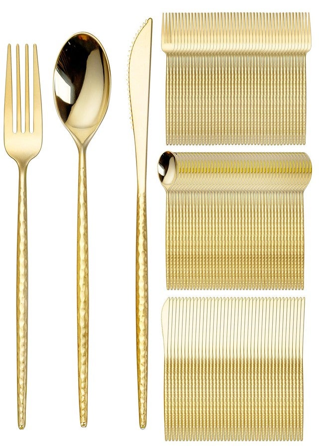 SUT 300PCS Gold Plastic Silverware, Gold Plastic Utensils, Heavy Duty plastic Silverware, Includes:100 Knives, Forks and Spoons, Birthday, Wedding, Hammered silverware Set - Image 1