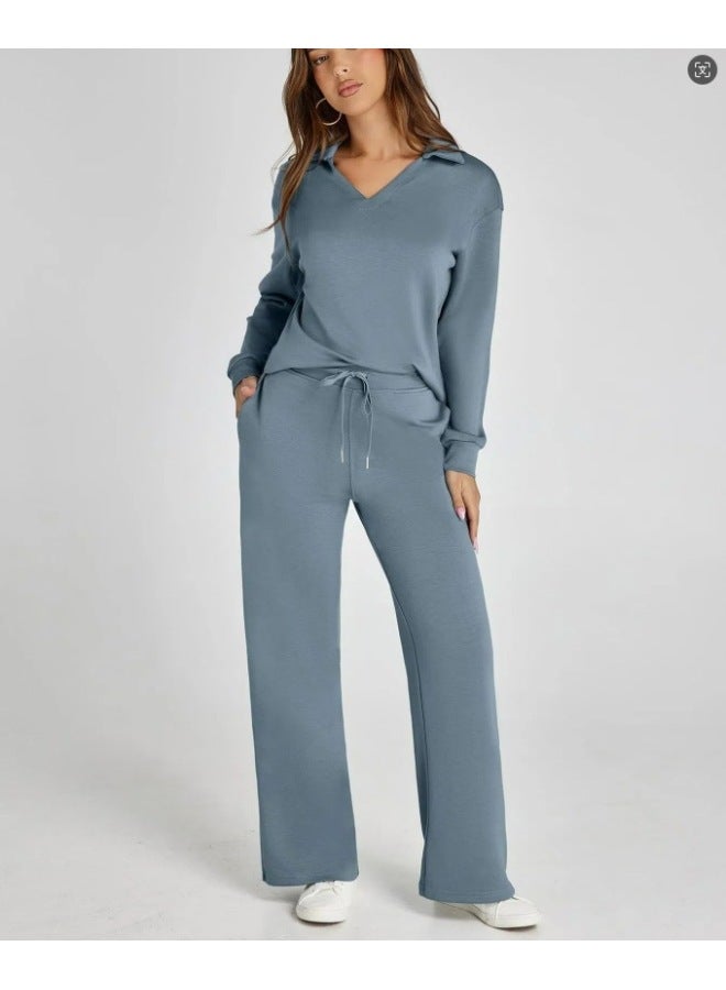 Loose V-neck Long Sleeve Top With Drawstring Design Loose Waist Trousers Two-piece Set