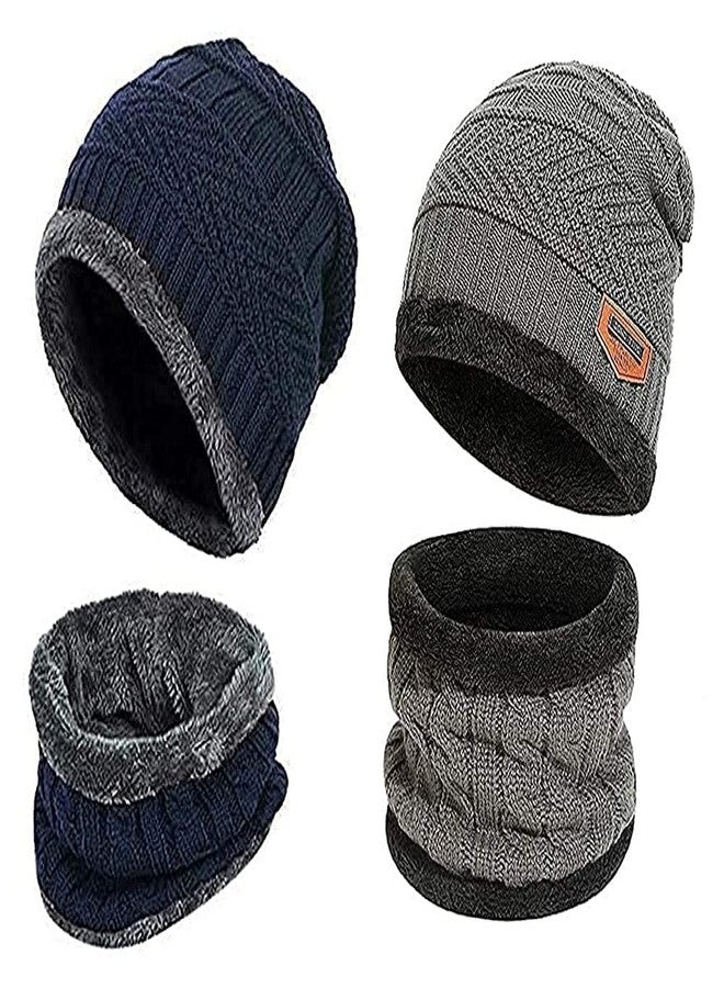 NAITH 2 Pairs Men's & Women's Snow Proof,Inside Fur, Warm Woolen Cap with Neck Muffler/Neck Warmer/Scarf for Winters - Free Size Unisex Beanie Cap with Neck Warmer (Blue,Grey, Wool) - Image 2
