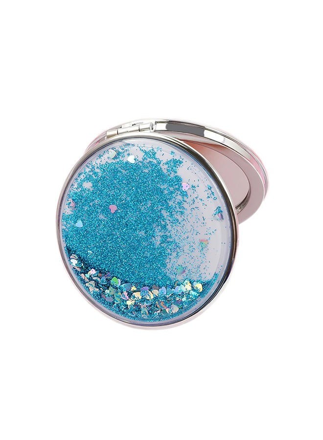 Creative Quicksand Makeup Mirror Double-Sided Portable Compact Glitter Foldable Fashion Hand Mirror Portable Travel Pocket Mirror (Round-Blue) - Image 1