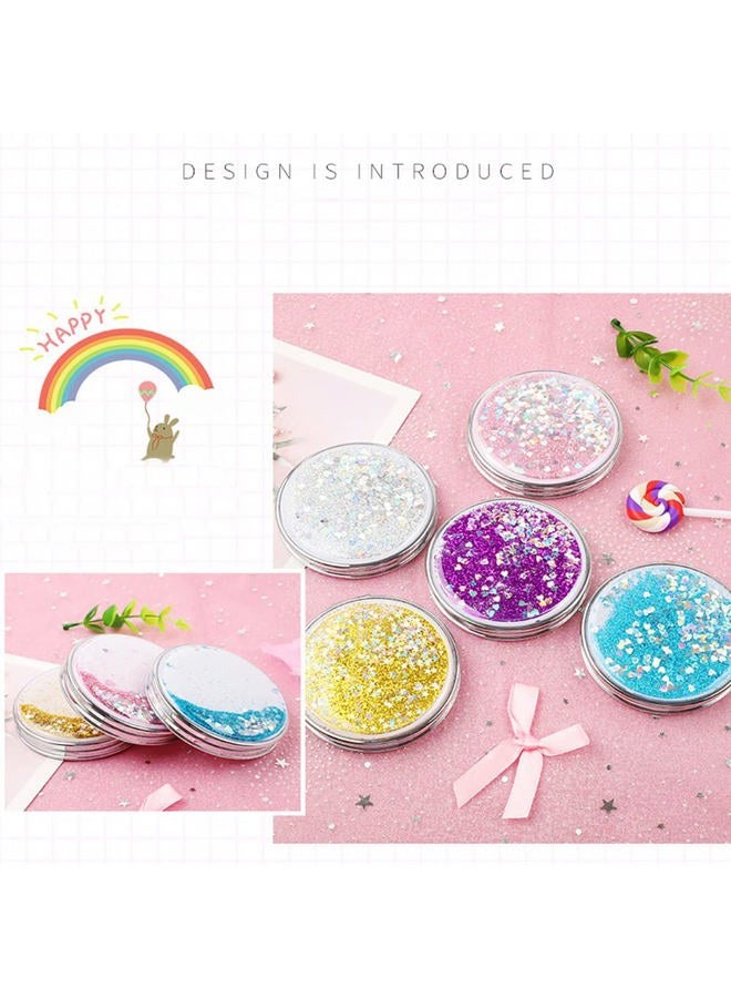 Creative Quicksand Makeup Mirror Double-Sided Portable Compact Glitter Foldable Fashion Hand Mirror Portable Travel Pocket Mirror (Round-Blue) - Image 5