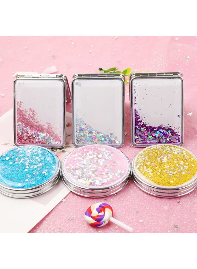 Creative Quicksand Makeup Mirror Double-Sided Portable Compact Glitter Foldable Fashion Hand Mirror Portable Travel Pocket Mirror (Round-Blue) - Image 3