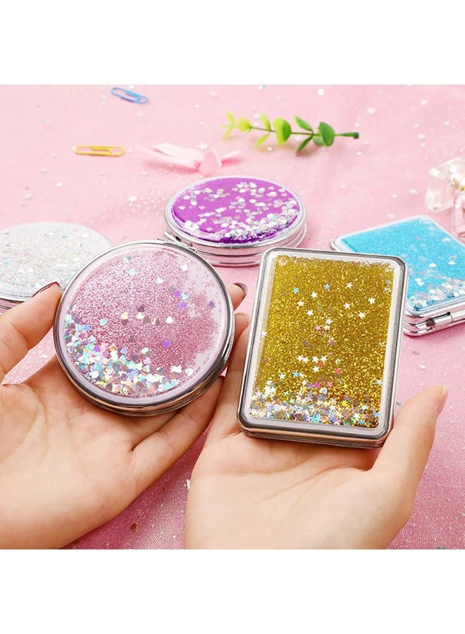 Creative Quicksand Makeup Mirror Double-Sided Portable Compact Glitter Foldable Fashion Hand Mirror Portable Travel Pocket Mirror (Round-Blue) - Image 4