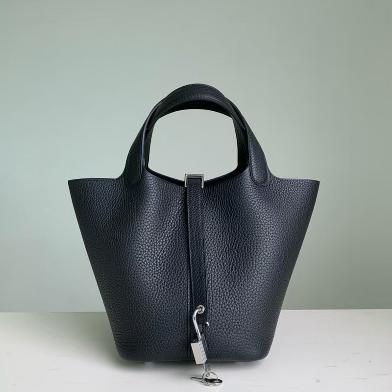 18cm Wax Line Hand Sewed TC Top Layer Cowhide Vegetable Basket Bag Bucket Bag Genuine Leather Womens Bag Handbag Black 