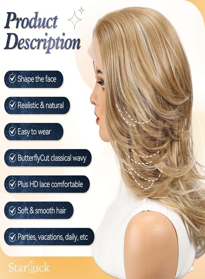 Starluck Wig for Women Lace Front Wigs Synthetic Wigs 18-Inch Shoulder Length Layered Natural Wavy Ash Blonde with Highlight - Image 2