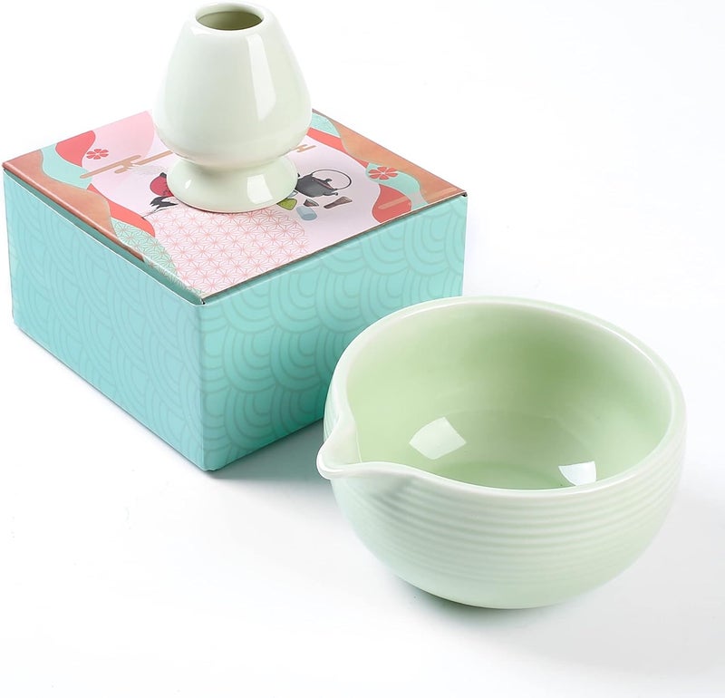 ZENRC Traditional Matcha Bowl and Whisk Rest (Reshaper) - Handmade Modern Ceramic Matcha Green Tea Ceremony Essential Matcha Kit- 22oz Big Salad Porridge Juice Bowl Cup (Apple Green) - Image 1
