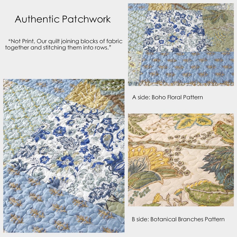 WINLIFE Cotton Quilt Set King Size - Reversible Bohemian Bedspreads Patchwork Coverlets 3 Pieces Sage Green Rustic Floral Bedding Sets All Season, King (106'' x 98'') - Image 4