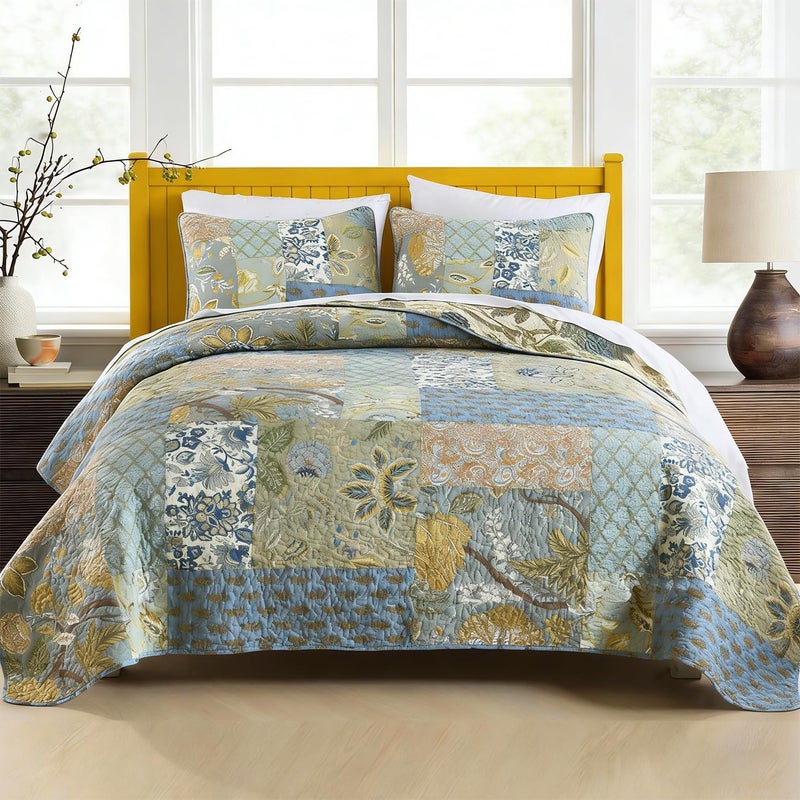 WINLIFE Cotton Quilt Set King Size - Reversible Bohemian Bedspreads Patchwork Coverlets 3 Pieces Sage Green Rustic Floral Bedding Sets All Season, King (106'' x 98'') - Image 1