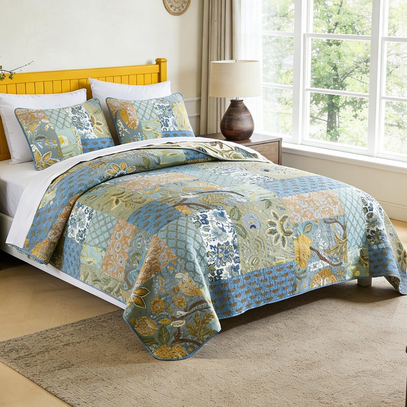 WINLIFE Cotton Quilt Set King Size - Reversible Bohemian Bedspreads Patchwork Coverlets 3 Pieces Sage Green Rustic Floral Bedding Sets All Season, King (106'' x 98'') - Image 2