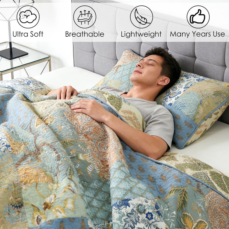 WINLIFE Cotton Quilt Set King Size - Reversible Bohemian Bedspreads Patchwork Coverlets 3 Pieces Sage Green Rustic Floral Bedding Sets All Season, King (106'' x 98'') - Image 3