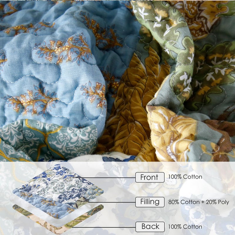 WINLIFE Cotton Quilt Set King Size - Reversible Bohemian Bedspreads Patchwork Coverlets 3 Pieces Sage Green Rustic Floral Bedding Sets All Season, King (106'' x 98'') - Image 5