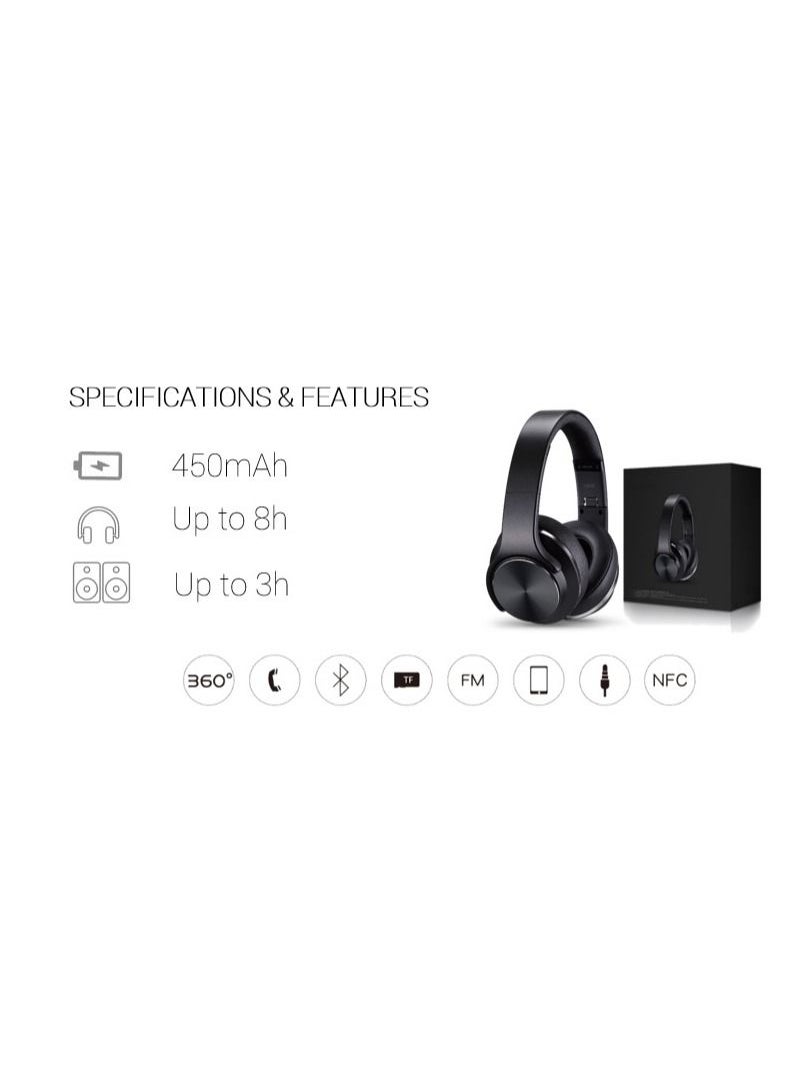 Wireless Bluetooth Headset with 2-in-1 Speaker Allows Taking Calls On The Go And Long Lasting Battery In An Elegant Design Over The Ear by Bastec Series 6- Black Color