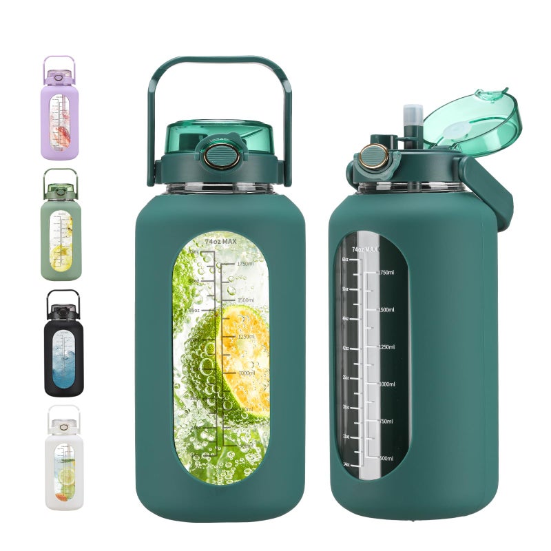 chunmo 74 oz Glass Water Bolttles with Straw Large Motivational Water Bottle with Time Marker Sports Water Bottles with Silicone Sleeve and Handle Lid 22L Water Jug for Gym Workout