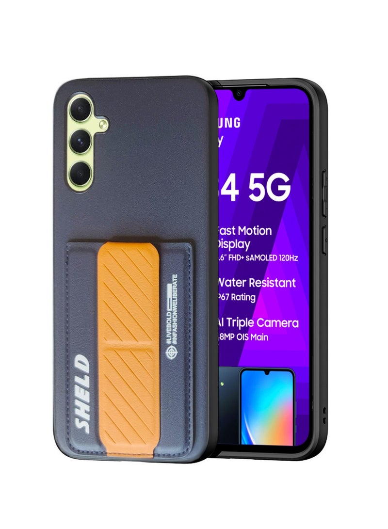 Techie Aesthetic Fashion Frosted Finished PU Leather Card Holder with Magnetic Secure Hand Grip Kickstand Back Cover Case for Samsung Galaxy A34 5G – Navy Blue / Brown  - Image 1