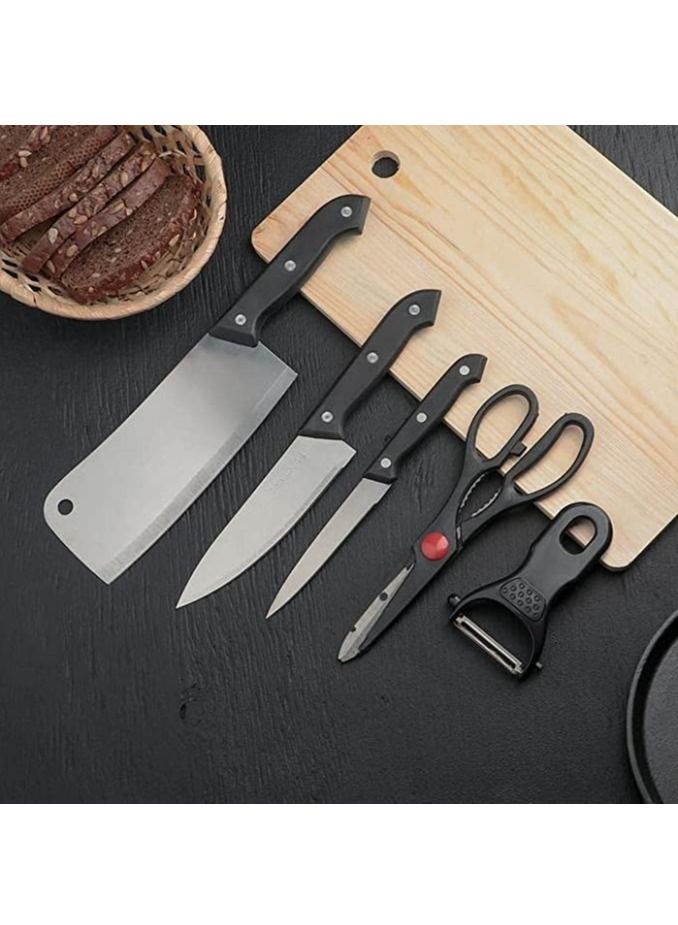Stainless Steel 6 Piece Kitchen Knife Set with Plastic Handle | Knife Set with Cleaver and Scissors, Wooden Cutting Board and Vegetable Scaler | Knife Set  - Image 1
