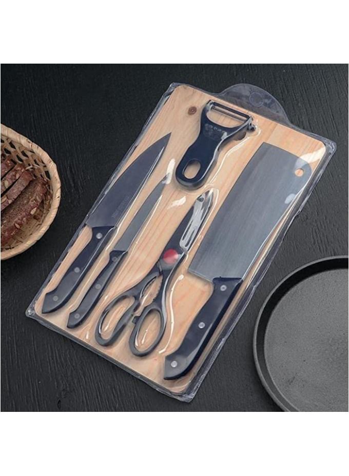 Stainless Steel 6 Piece Kitchen Knife Set with Plastic Handle | Knife Set with Cleaver and Scissors, Wooden Cutting Board and Vegetable Scaler | Knife Set  - Image 2