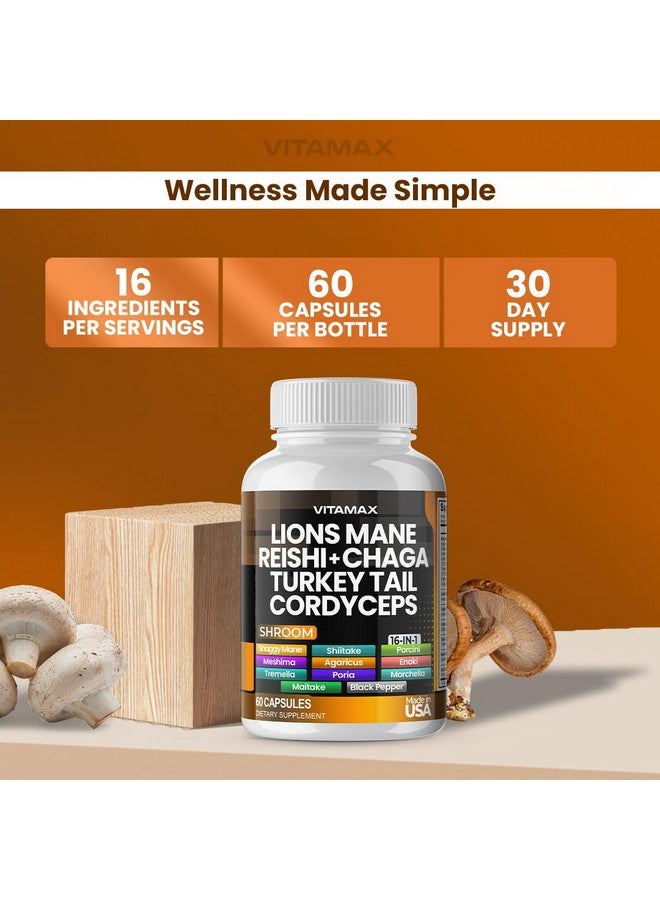 Vitamax فطر ليوينز مان، ذيل الديك الرومي، تشاجا وريشي، كورديسيبس شيتاكي، إلم الأبيض، بوق الملك، نيميكو، محار، بورشيني، تركيز وطاقة - صنع في الولايات المتحدة (60 كبسولة (عبوة من 1)) - Image 5
