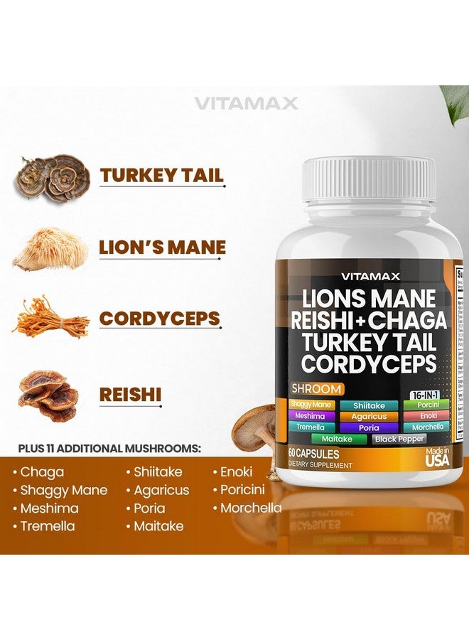 Vitamax فطر ليوينز مان، ذيل الديك الرومي، تشاجا وريشي، كورديسيبس شيتاكي، إلم الأبيض، بوق الملك، نيميكو، محار، بورشيني، تركيز وطاقة - صنع في الولايات المتحدة (60 كبسولة (عبوة من 1)) - Image 2