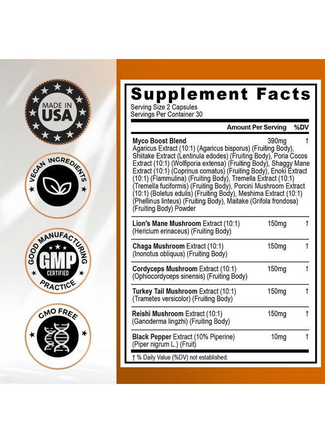 Vitamax فطر ليوينز مان، ذيل الديك الرومي، تشاجا وريشي، كورديسيبس شيتاكي، إلم الأبيض، بوق الملك، نيميكو، محار، بورشيني، تركيز وطاقة - صنع في الولايات المتحدة (60 كبسولة (عبوة من 1)) - Image 4