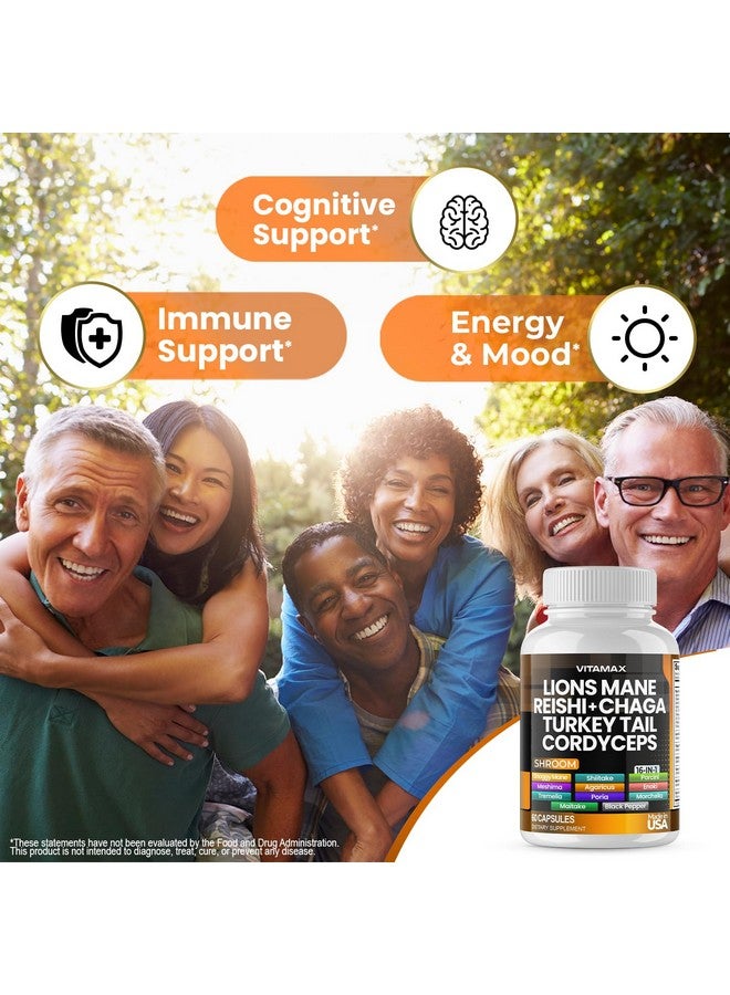 Vitamax فطر ليوينز مان، ذيل الديك الرومي، تشاجا وريشي، كورديسيبس شيتاكي، إلم الأبيض، بوق الملك، نيميكو، محار، بورشيني، تركيز وطاقة - صنع في الولايات المتحدة (60 كبسولة (عبوة من 1)) - Image 3