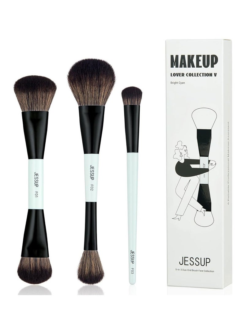 Jessup Jessup Face Makeup Brushes 3pcs Double Ended Makeup Brush Set for Foundation Contour Blush Highlight and Concealer Brush, Premium Vegan Brush Set Bright Cyan T503 - Image 1
