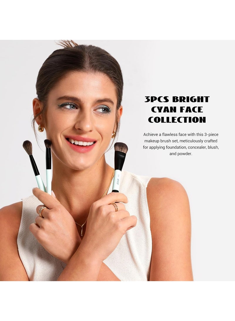 Jessup Jessup Face Makeup Brushes 3pcs Double Ended Makeup Brush Set for Foundation Contour Blush Highlight and Concealer Brush, Premium Vegan Brush Set Bright Cyan T503 - Image 2