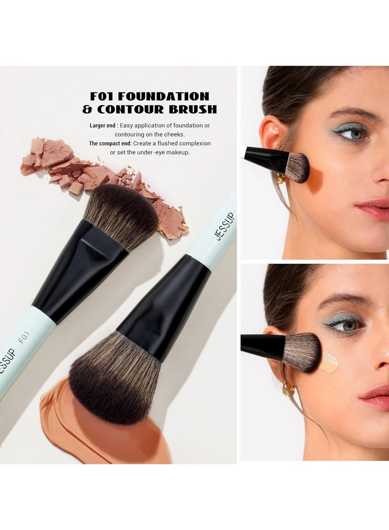 Jessup Jessup Face Makeup Brushes 3pcs Double Ended Makeup Brush Set for Foundation Contour Blush Highlight and Concealer Brush, Premium Vegan Brush Set Bright Cyan T503 - Image 3