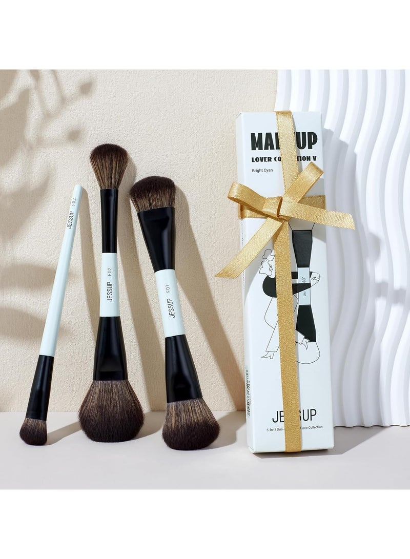 Jessup Jessup Face Makeup Brushes 3pcs Double Ended Makeup Brush Set for Foundation Contour Blush Highlight and Concealer Brush, Premium Vegan Brush Set Bright Cyan T503 - Image 5