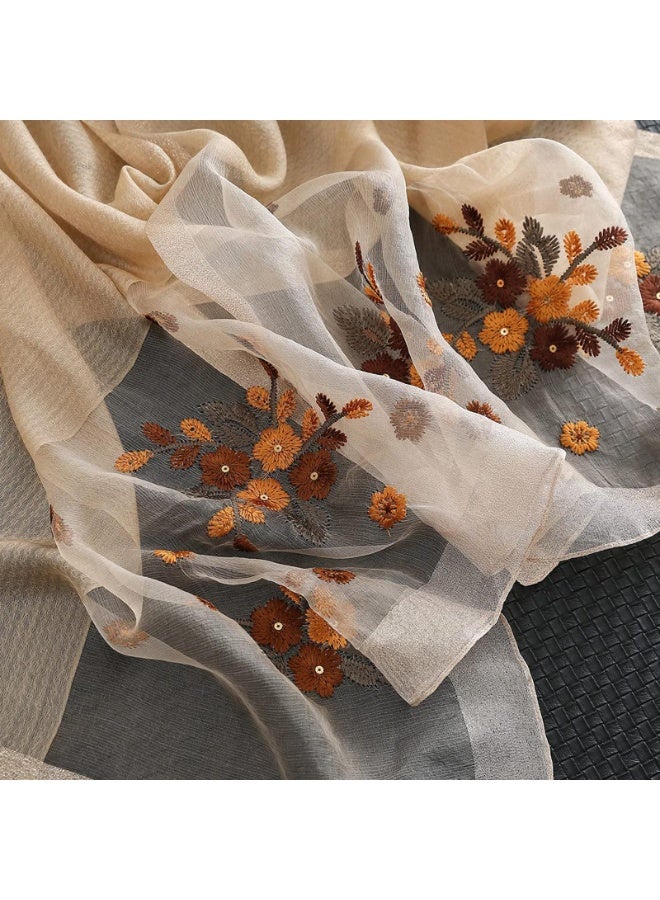 Women's Beige Mulberry Silk Blend Embroidered Floral Scarf Shawl, 190x70cm - Image 5