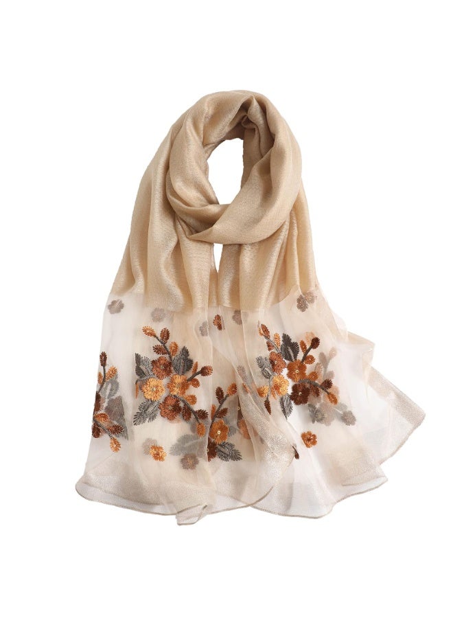 Women's Beige Mulberry Silk Blend Embroidered Floral Scarf Shawl, 190x70cm - Image 1