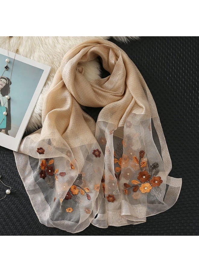 Women's Beige Mulberry Silk Blend Embroidered Floral Scarf Shawl, 190x70cm - Image 3