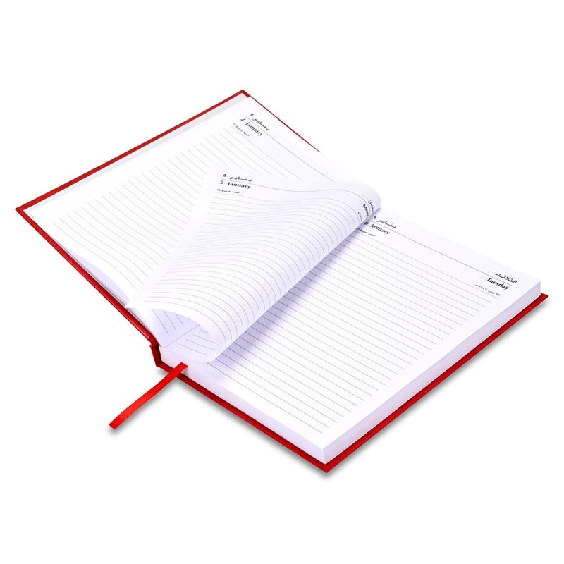 FIS 2026 A5 Diary, 148x210mm Size, Hard Cover Vinyl, 1 Day a Page Format, Saturday and Sunday Combined, English/Arabic, 60gsm White Paper, Red Cover-FSDI90AE26RE - Image 4