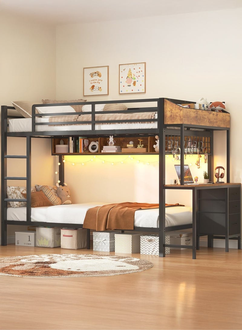 يانارا سرير بطابقين أسود (توأم فوق توأم) مع إضاءة LED ومحطة شحن - سرير معدني متين مع مكتب مدمج، ٤ أدراج ورفوف، تركيب سهل - Image 1