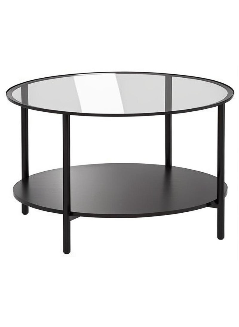 CHOIWIN 2 Tier Glass Coffee Table,Round Large Center Table with Open Storage Shelf,Morden Side Table for Home Office Living Room,Black,75*75*45cm - Image 1