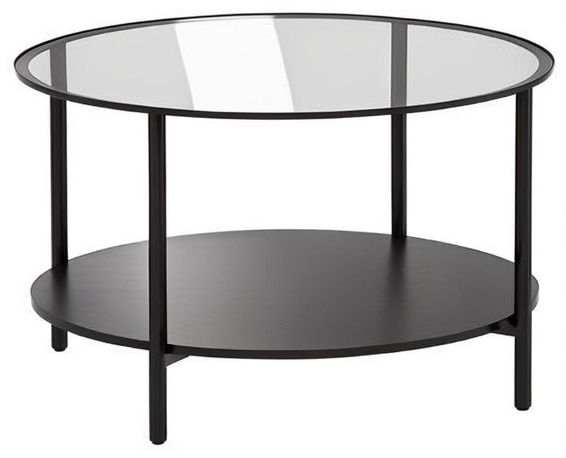 CHOIWIN 2 Tier Glass Coffee Table,Round Large Center Table with Open Storage Shelf,Morden Side Table for Home Office Living Room,Black,75*75*45cm - Image 1