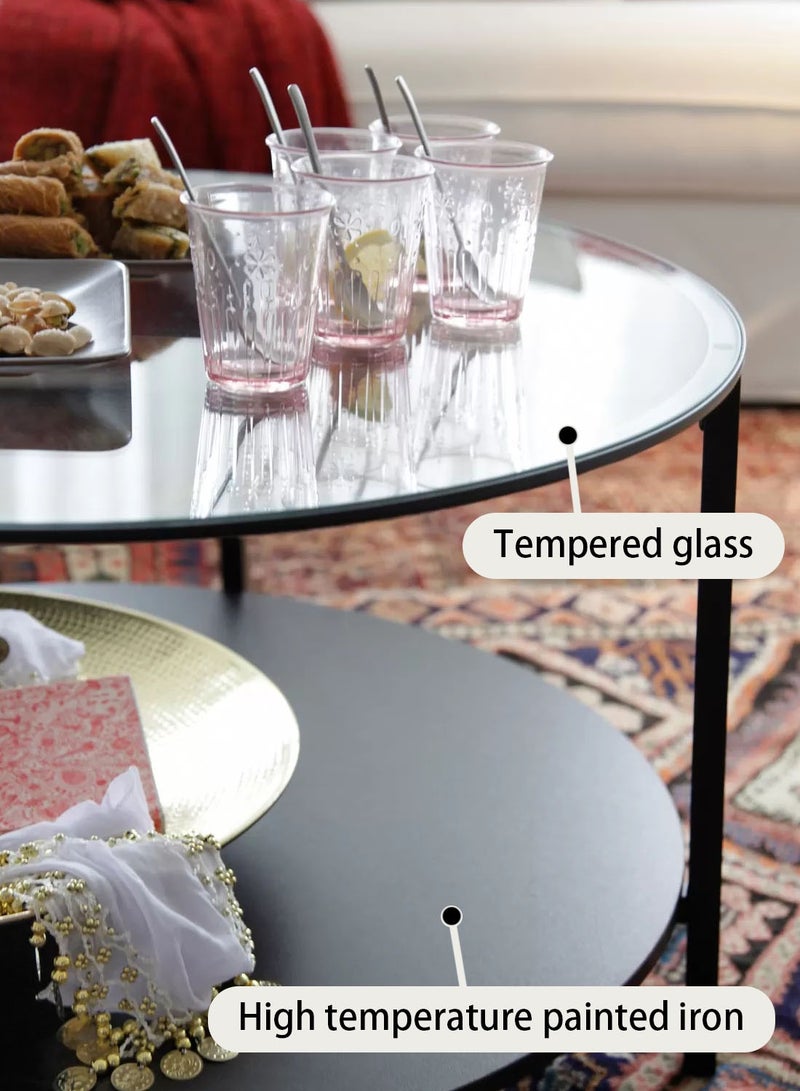 CHOIWIN 2 Tier Glass Coffee Table,Round Large Center Table with Open Storage Shelf,Morden Side Table for Home Office Living Room,Black,75*75*45cm - Image 3