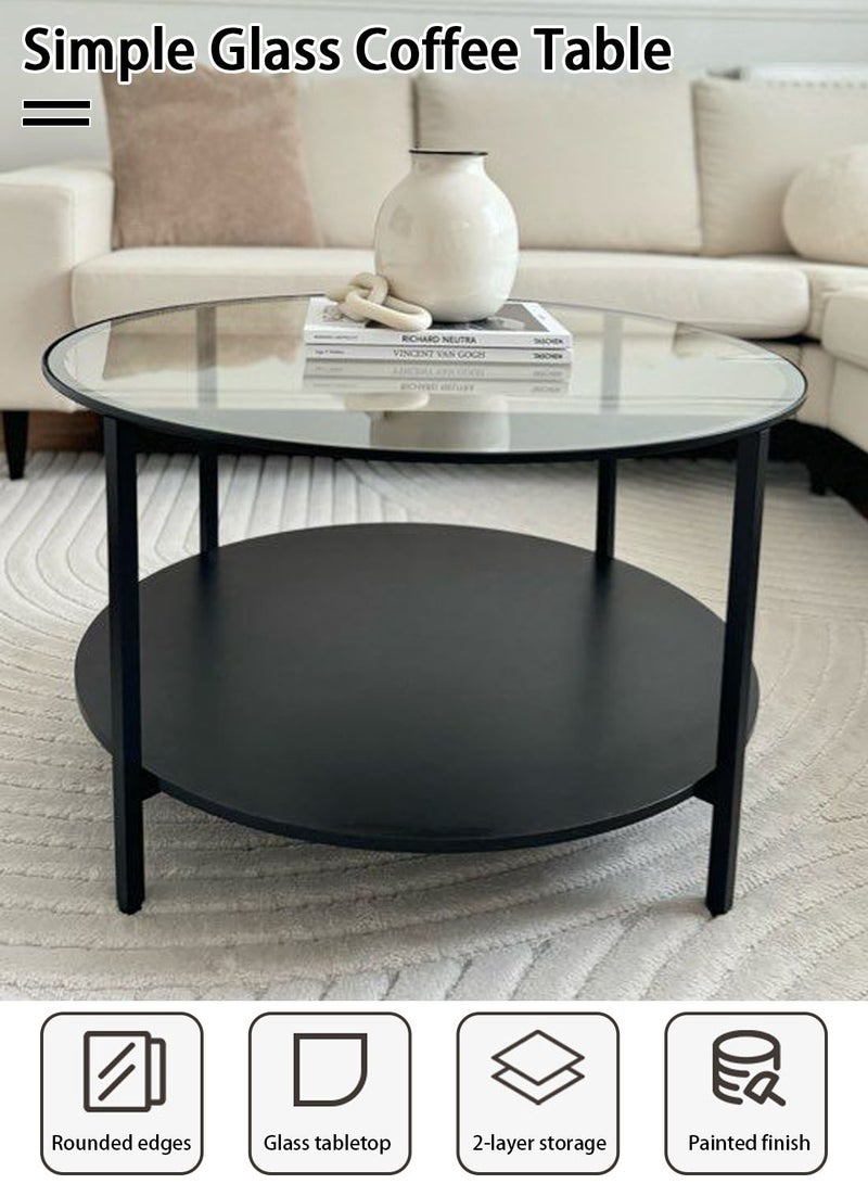 CHOIWIN 2 Tier Glass Coffee Table,Round Large Center Table with Open Storage Shelf,Morden Side Table for Home Office Living Room,Black,75*75*45cm - Image 2