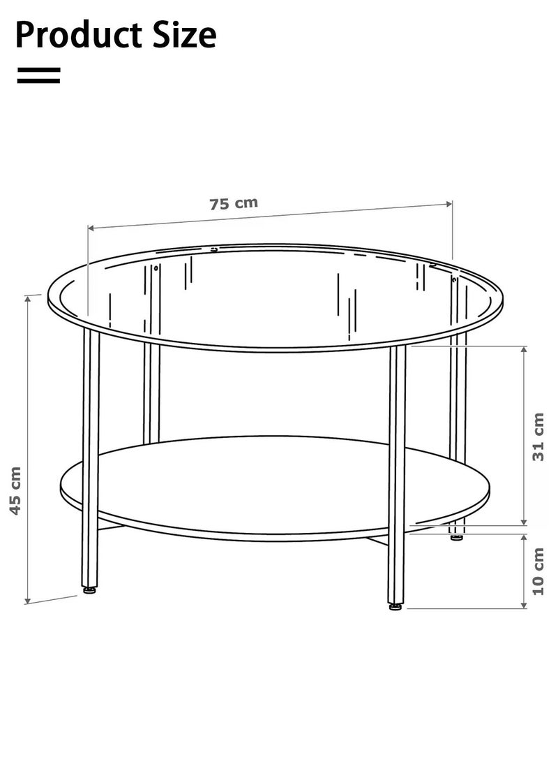 CHOIWIN 2 Tier Glass Coffee Table,Round Large Center Table with Open Storage Shelf,Morden Side Table for Home Office Living Room,Black,75*75*45cm - Image 5