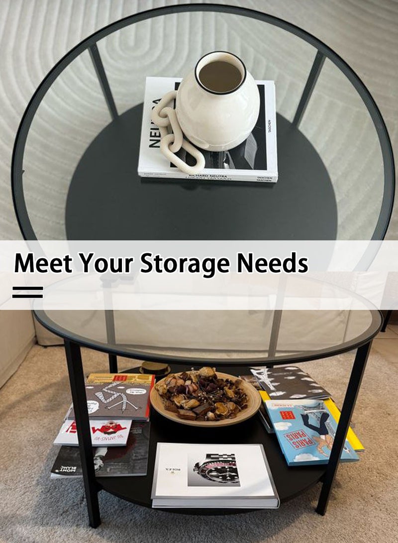 CHOIWIN 2 Tier Glass Coffee Table,Round Large Center Table with Open Storage Shelf,Morden Side Table for Home Office Living Room,Black,75*75*45cm - Image 4