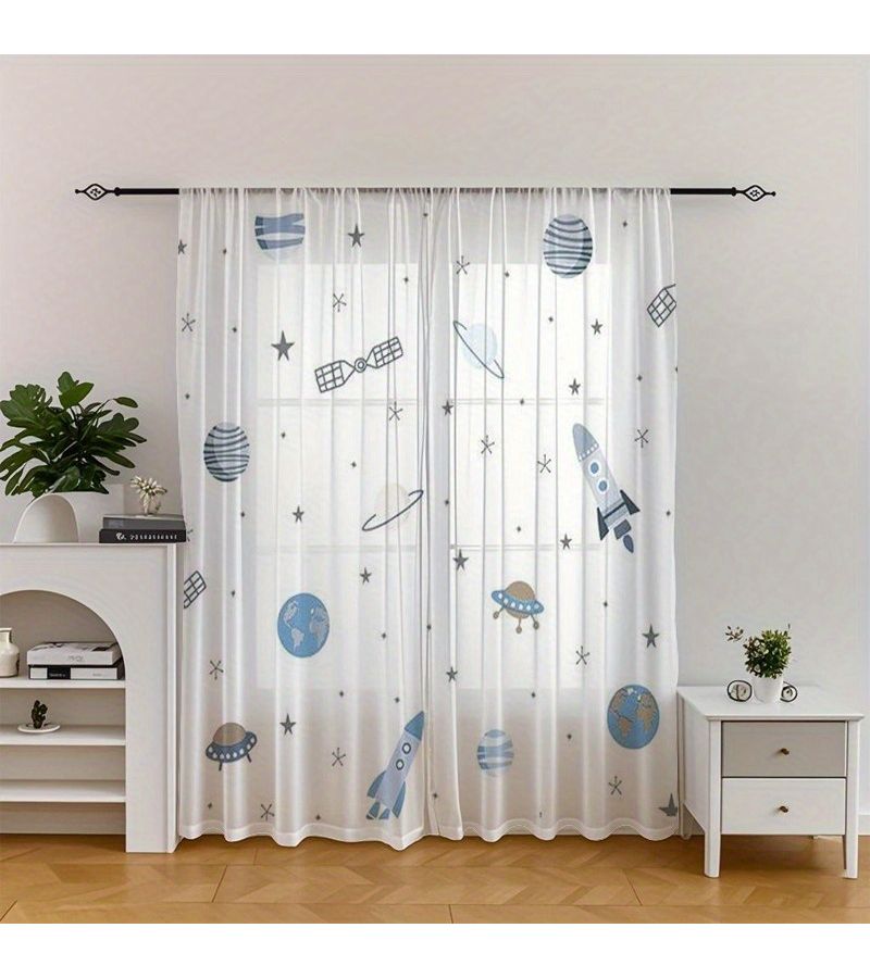 2pcs Cosmic Exploration Printed Window Screens 100cmx130cm Planet Rocket Pattern Opens Interstellar Fantasy Journey For Kitchen Bathroom Bedroom Living Room Coffee Shop Decoration - Image 1