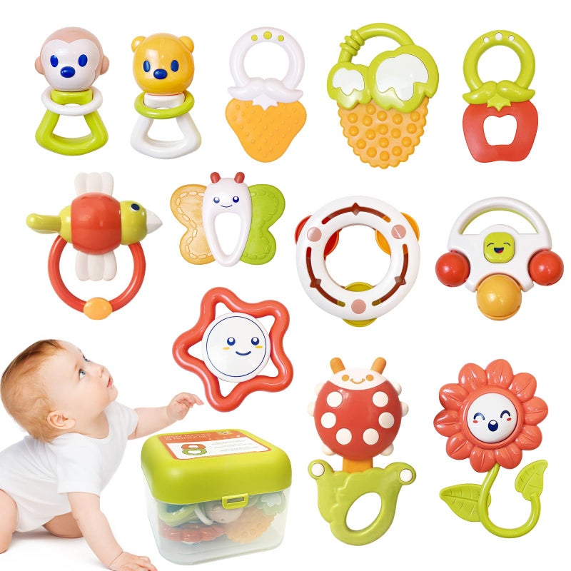 Cuterabit 12PCS Baby Rattles Toys Set with Storage Case, Teething Toys for Babies, Newborn Christmas Gift for Baby Infant Boys and Girls 0 1 2 3 4 5 6 7 8 9 10 11 12 Months - Image 1
