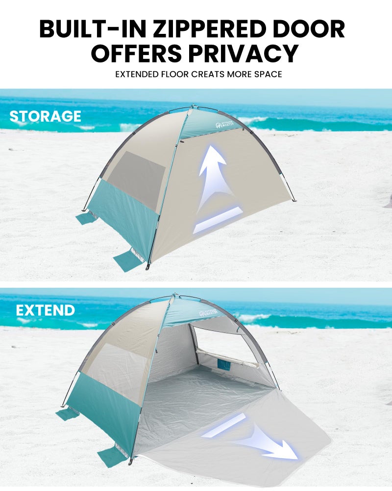 OutdoorMaster Beach Tent for 3 Person with 2 Doors, Easy Setup Sun Shade Shelter, Portable Beach Shade Sun Canopy with UPF 50+ UV Protection, Extendable Floor with Carrying Bag - Cancun Seashore - Image 4