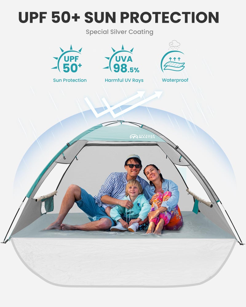 OutdoorMaster Beach Tent for 3 Person with 2 Doors, Easy Setup Sun Shade Shelter, Portable Beach Shade Sun Canopy with UPF 50+ UV Protection, Extendable Floor with Carrying Bag - Cancun Seashore - Image 3