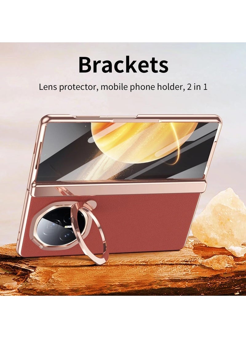 Generic - Case Compatible with Honor Magic V3 Case, 【Built-in Screen Protector】 Plating Frame Plain Leather Case Lens Kickstand All-inclusive Hinge Protective Cover - Image 1
